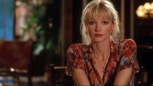 Blonde woman in patterned blouse under warm cinematic light.