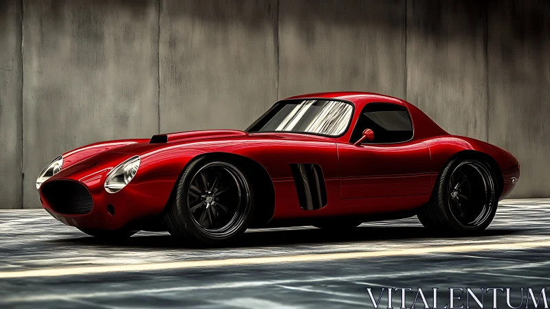 Low-slung red retro sports coupe in industrial studio lighting