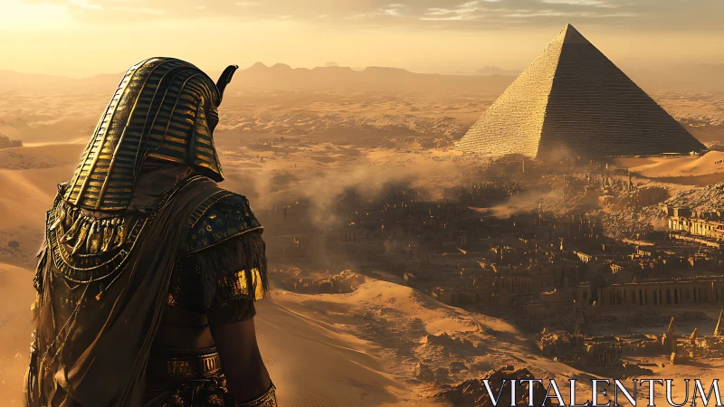 Pharaoh overlooking vast desert city and glowing pyramid.