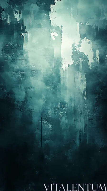 Teal abstract fog drifts through textured vertical canvas.