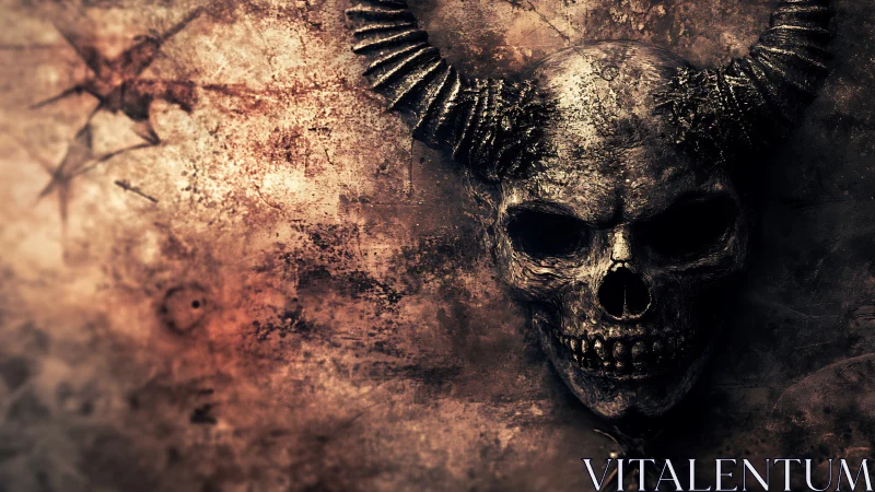 Corroded horned skull relief rendered on distressed metal wall