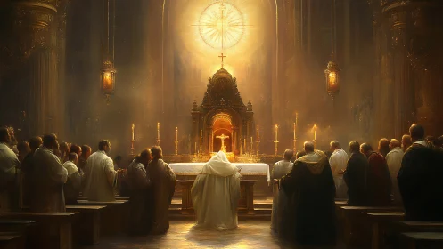 Clergy gather before illuminated altar in ornate cathedral