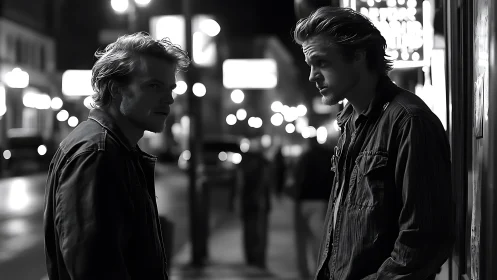 Two men confront each other on urban street at night