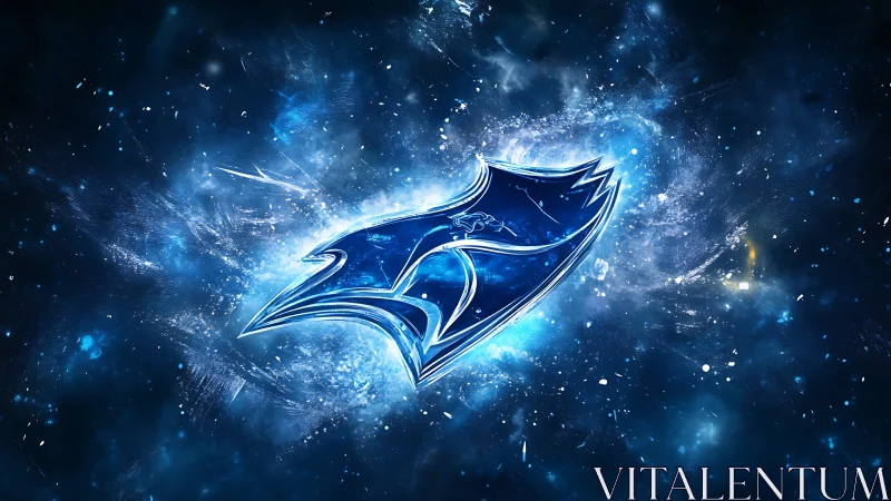 Stylized blue hawk emblem in dynamic cosmic field.