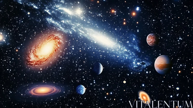 Digital illustration arranges galaxies and planets in dense space