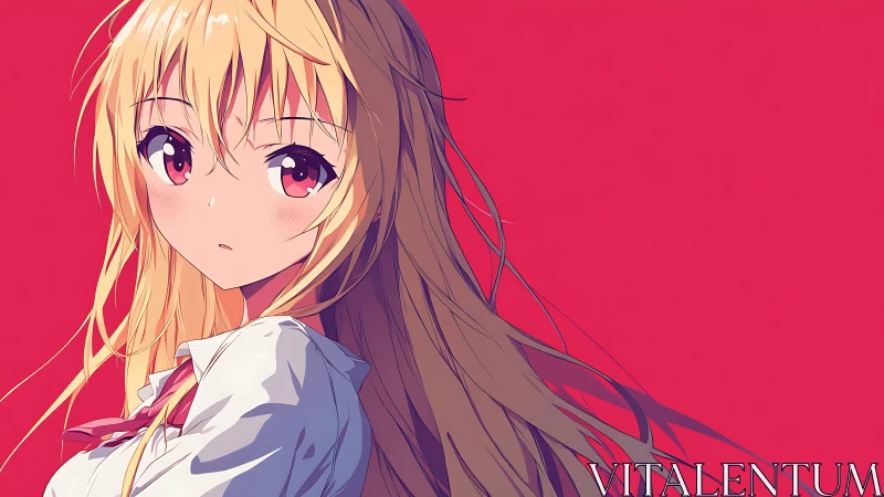 Blonde anime girl in white shirt on solid red background.