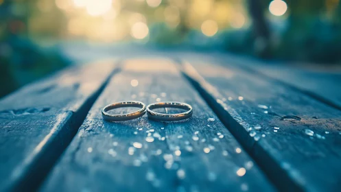 Two gold rings rest on wet wooden planks outdoors