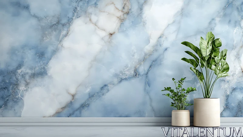 Marble wall backdrop contrasts with minimalist potted foliage composition