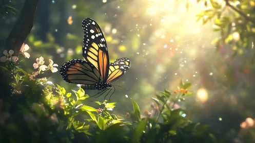Monarch butterfly rests on sunlit forest wildflowers