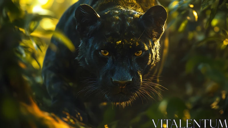 Black Panther Portrait with Golden Hour Illumination in Jungle Setting.