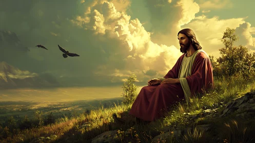 Sunlit prophet resting on a green hillside of quiet wonder.