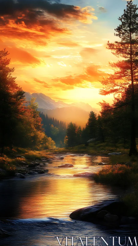 Sunset river quietly rehearses its golden mountain song