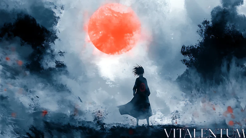 Lone warrior silhouette under blazing red eclipse sky.