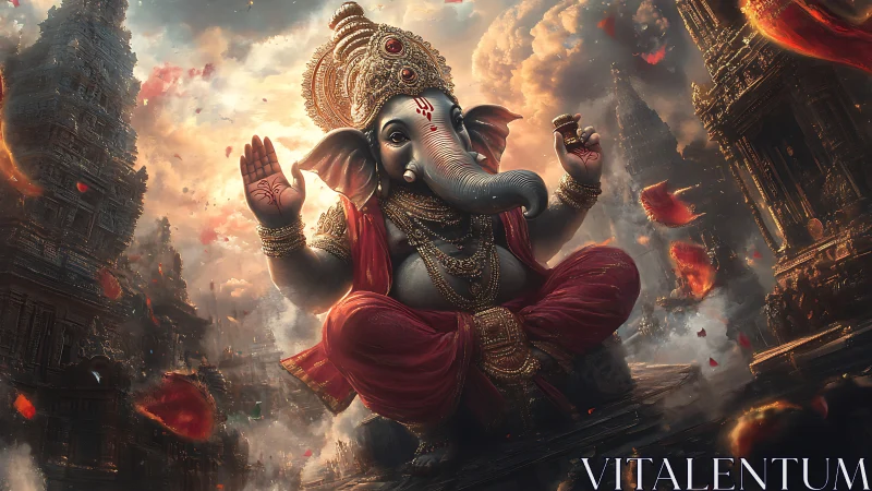 Digital painting of Ganesha amid dramatic temple ruins composition.