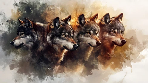 Four twilight wolves merge with swirling forest brushstrokes.