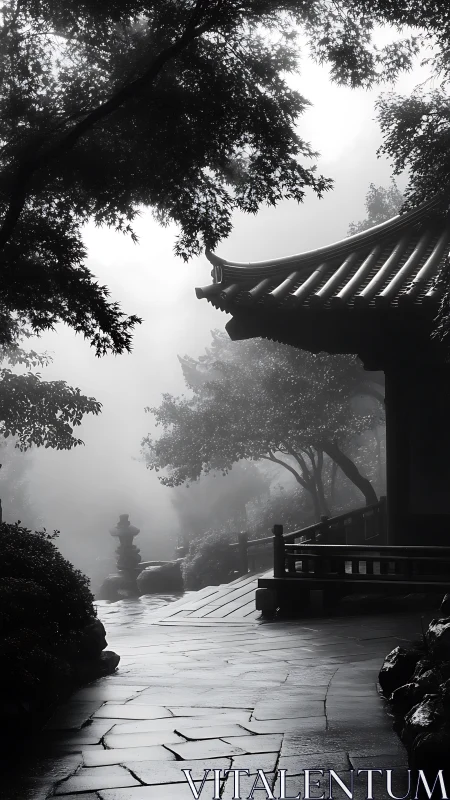 Mist-draped temple path whispers through quiet monochrome dawn.