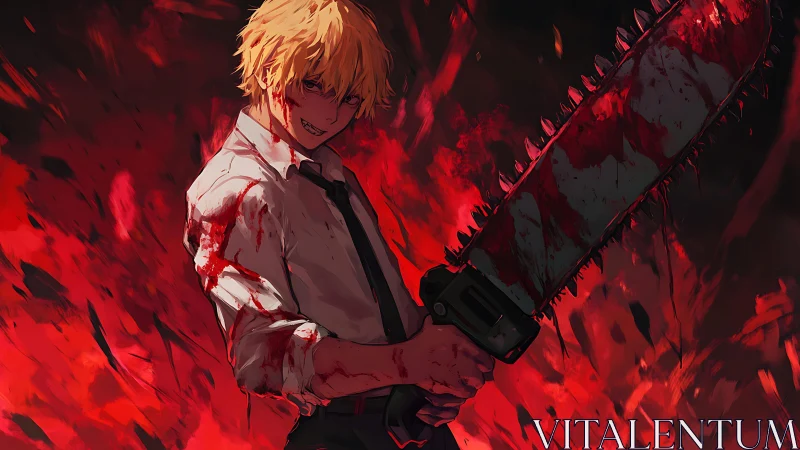 Blood-soaked anime antihero wielding chainsaw amid inferno