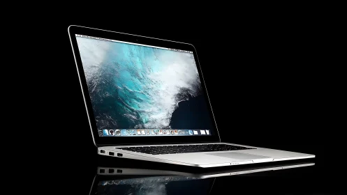 Photorealistic aluminum laptop profile with reflective black studio backdrop.