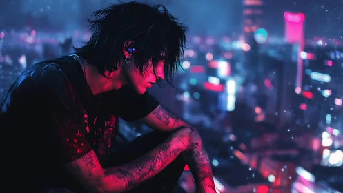 Neon rooftop loner humming against the sleepless city glow.