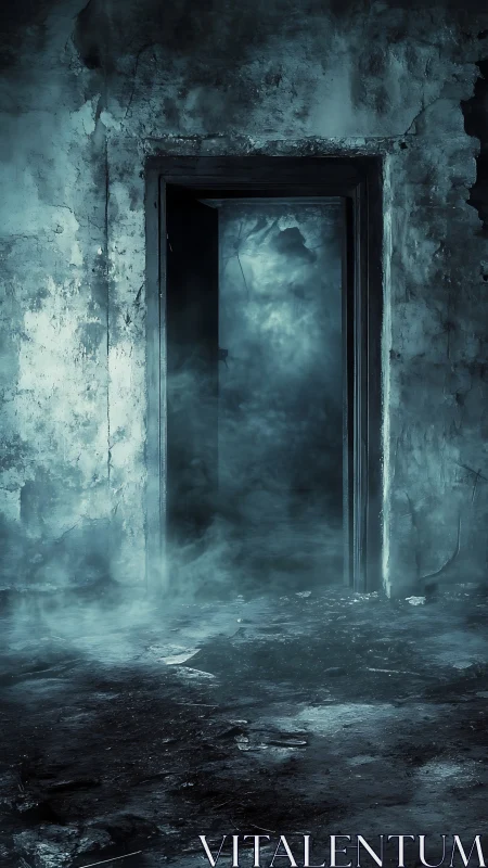 Doorway frames dense fog in decayed, burned interior