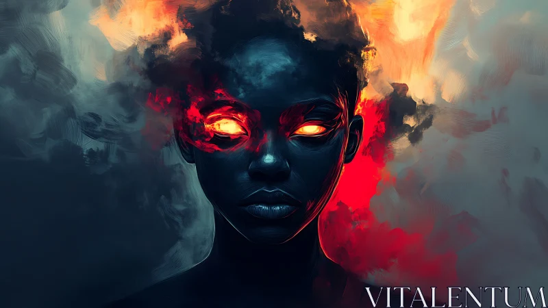 Fiery eyed guardian emerges from swirling smoke and shadow