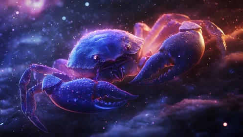 Bioluminescent crab glows under cosmic neon light clouds