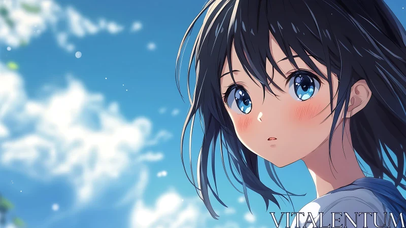 Summer sky gaze of blue-eyed anime girl in sunlight.