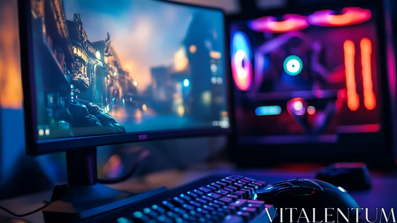 RGB gaming PC setup with monitor, keyboard, and mouse.