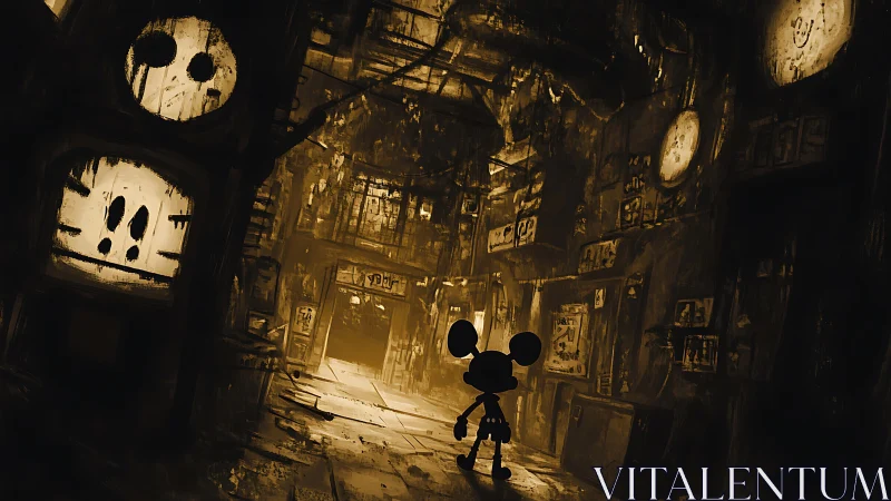 Sepia dystopian corridor with silhouetted cartoon figure staging.