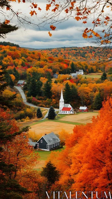 Crimson hillside village wrapped in fiery autumn hush.