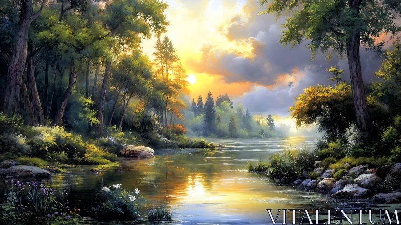 Sunlit forest river reflects glowing clouds at dusk.