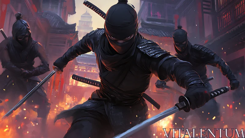 Masked ninjas charge through burning street in attack.