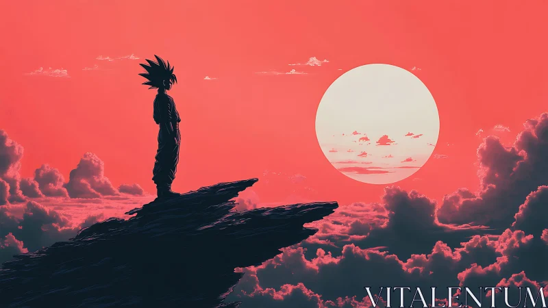 Silhouetted fighter stands on jagged cliff against large sun