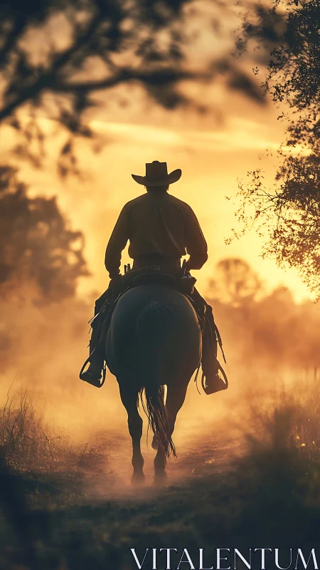 Backlit cowboy on horseback traverses dusty trail at sunset glow