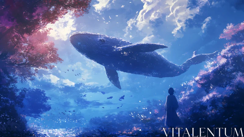 Celestial whale drifting above dreamlit forest shallows.