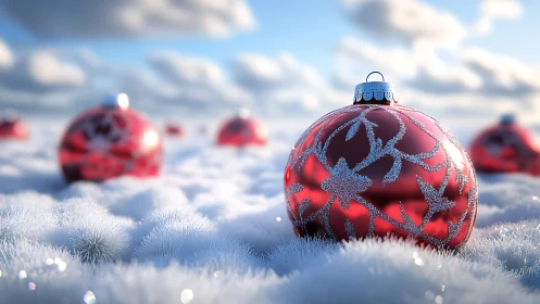 Red glass Christmas baubles resting on snowy ground.