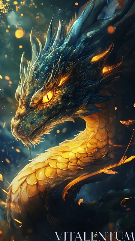 Side profile of luminous scaled dragon in dark space.