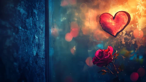 Romantic Heart and Rose Through Frost-Lit Window Pane.