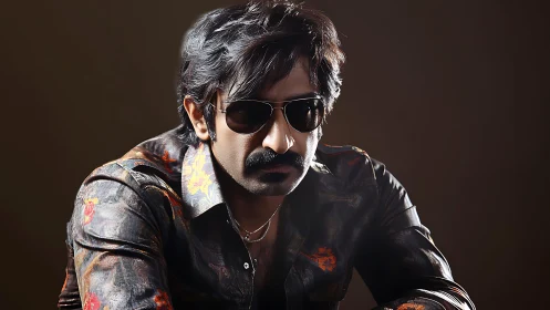 Confident man in vintage shirt and sunglasses portrait.