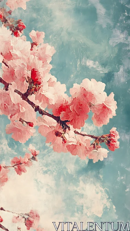 Cherry Blossoms Against Turquoise Sky: Painterly Botanical Study