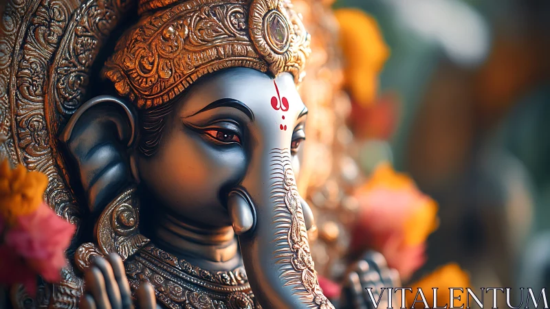 Golden Ganesha serenity with soft blooms and glowing light.