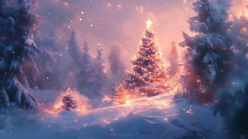 Illuminated fir grove in snowy twilight, golden bokeh glow
