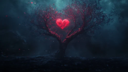 Glowing Heart Tree Emerges from Misty Darkness