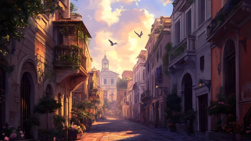 Sunlit European street with distant church tower at dusk.
