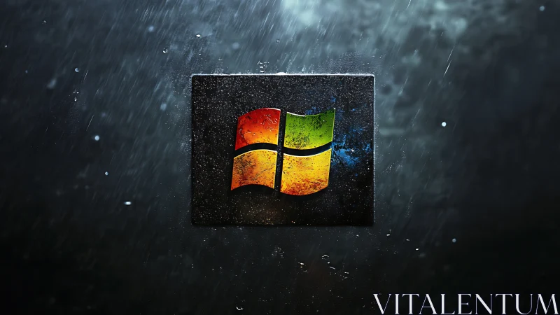 Weathered Windows logo hovers in cinematic rain-soaked space