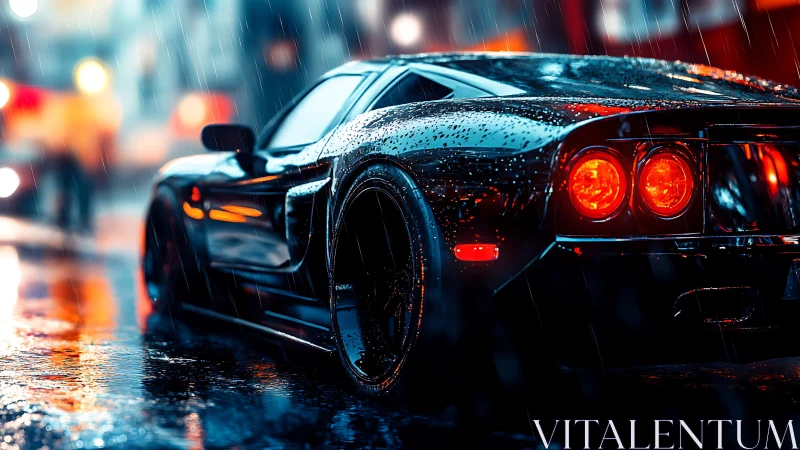 Sleek sports car glows in neon rain on wet city street.