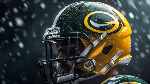 Green and gold football helmet gleams under falling snow.