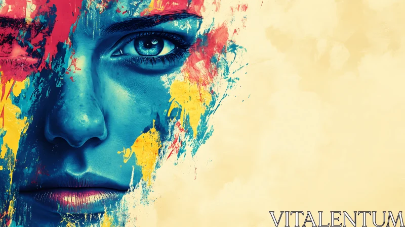 Chromatic portrait study with cyan skin and dynamic splatter