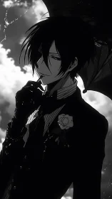 Dark suited anime man under umbrella in moody sky.