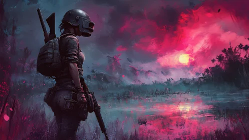 Battlefield sentinel under neon war-torn sunset sky.